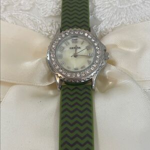 Geneva Silver Crystal Watch with Green Chevron Rubber Strap adjtbl, size, 1” fac